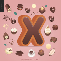 Dessert font - letter X - modern flat vector concept digital illustration of temptation font, sweet lettering. Caramel, toffee, biscuit, waffle, cookie, cream and chocolate letters