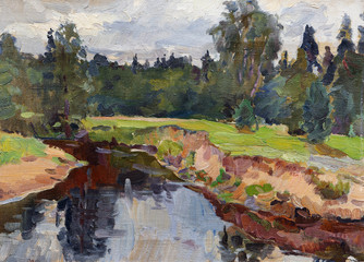 Summer landscape with river and gentle banks on a cloudy day