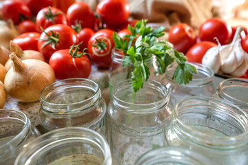 Canning fresh tomatoes with onions in jelly marinade. Woman hands putting red ripe tomato slices and onion rings in jars. Basil, parsley leaves on top of onions. Vegetable salads for winter