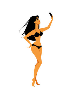 Beautiful young woman take photo with phone. Beauty girl in black bikini and with long hair taking a selfie. Cartoon character. Summer beach illustration in flat style. Vector. Cute brunette. Vacation