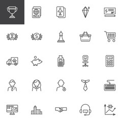 Business and finance line icons set. linear style symbols collection, outline signs pack. vector graphics. Set includes icons as Bank check payment, Piggy bank and coin money, Business handshake
