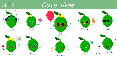Set of ten cute kawaii lime characters in various poses and accessories in cartoon style. Logo, template, design. Vector illustration, flat design
