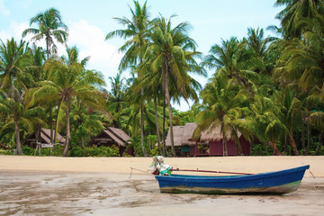 Obraz na płótnie Canvas tropical beach, boat on the beach, palm trees/paradise landscape