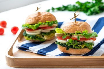 Two vegan burger with lettuce, tomatoes and tofu.