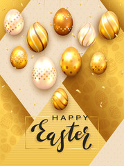 Golden Easter Eggs and Black Lettering Happy Easter on Gold Background