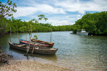 Naklejka na ściany i meble Ilha de Itamaraca, Brazil - Circa January 2019: Small boats in a river on Itamaraca Island