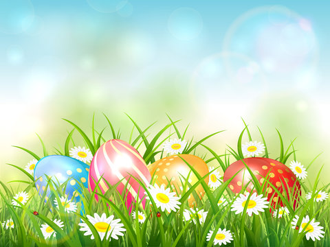 Blue Nature Background with Easter Eggs in Grass