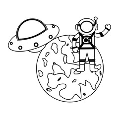 Astronaut on mars and UFO flying in black and white
