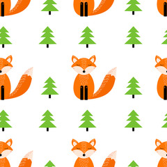Obraz na płótnie Canvas Seamless pattern with cute fox, fir-trees on the white background.