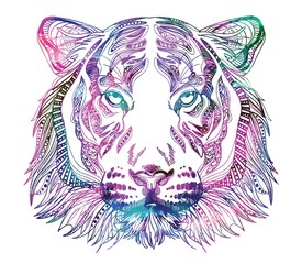 The head of a tiger. Meditation, coloring of the mandala. Head of a tiger with a mustache and stripes. Drawing manually, templates.