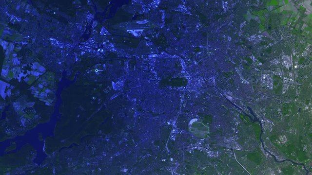 Sunrise animation city in the green satellite view, Berlin. Contains public domain image by Nasa