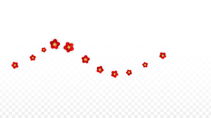 Vector Realistic Red Flowers Falling on Transparent Background.  Spring Romantic Flowers Illustration. Flying Asian Rose Spa Design. Blossom Confetti. Design Elements for Wedding Decoration.