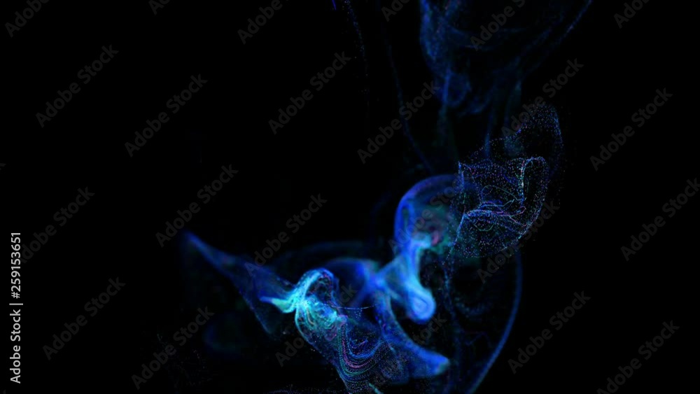 Poster 4k luminous particles move in liquid flow and stumble upon a force field in the center of frame push