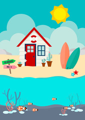 Beach house and cactus and surfboard on the beach with clownfish in the sea
