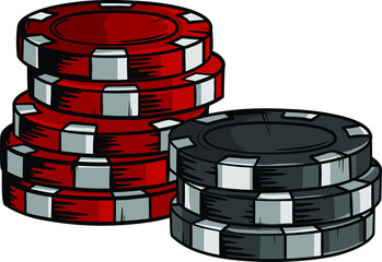 Two piles of poker chips of different values in vector format. Hand drawn casino cips with cartoon design. - obrazy, fototapety, plakaty
