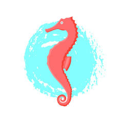 Coral seahorse animal flat character with abstract cyan spot isolated on white background. Cartoon hippocampus for design, logo, background, card, print, sticker