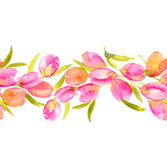 Seamless floral pattern. Floral repeat border with watercolor tulips.  