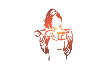 Woman, eating, yogurt, health, diet concept. Hand drawn isolated vector.