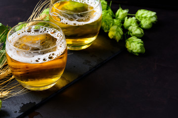 Glass of beer with green hops and wheat ears on dark wooden background. Still life. Copy space