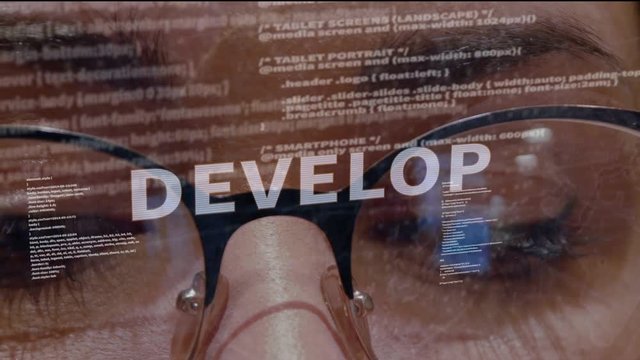 Develop text on the background of female software developer. Eyes of woman with glasses are looking at programming network code space abstract technologies connecting global data network