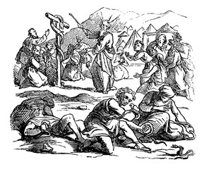Vintage Drawing of Biblical Story of Israelites Spoken Against Moses, God Send Poisonous Snakes as Punishment