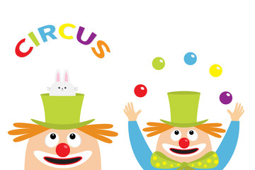 Fototapeta premium Circus icon set. Clown juggler face head looking up to juggling balls. Rabbit hare in magician magic hat. Eyes, red nose, mouth smile, orange hair.Cute cartoon funny baby character. Flat design.