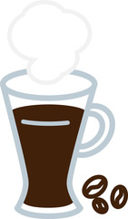 Colored hot coffee in a glass mug and coffee grains