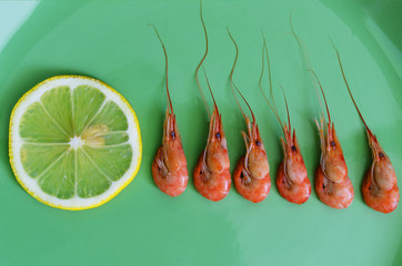 boiled shrimps with a slice of lemon are on a green plate