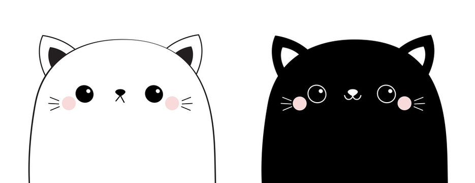 Black white cat head face line contour silhouette icon set. Pink blush cheeks. Funny kawaii smiling animal. Cute cartoon funny character. Pet collection. Flat design Baby background.