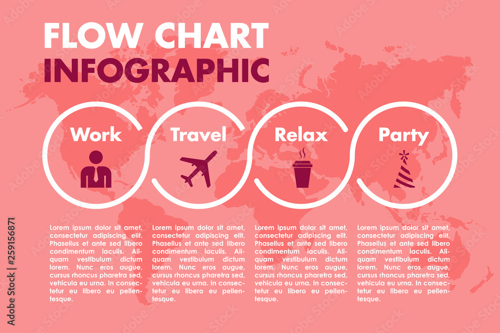 Poster four step inforgraphic flow chart template with pink background, world map and space for text and he