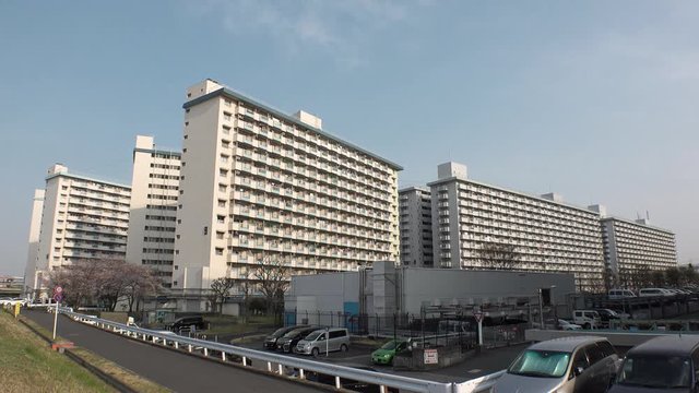 OJI,  TOKYO,  JAPAN - CIRCA APRIL 2019 : Scenery of RESIDENTIAL APARTMENT area in Oji city.  This area is famous for HUGE APARTMENT BUILDINGS in Tokyo.