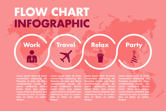 Four Step Inforgraphic Flow Chart Template With Pink Background, World Map And Space For Text And Headline.