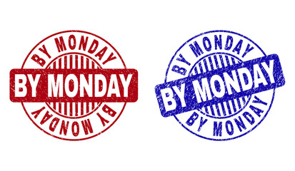 Grunge BY MONDAY round stamp seals isolated on a white background. Round seals with distress texture in red and blue colors. Vector rubber overlay of BY MONDAY title inside circle form with stripes.