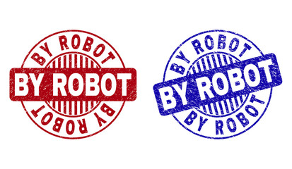Grunge BY ROBOT round stamp seals isolated on a white background. Round seals with grunge texture in red and blue colors. Vector rubber imitation of BY ROBOT tag inside circle form with stripes.
