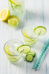 Iced cucumber iced sparkling water. Selective focus, space for text.