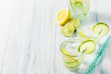 Iced cucumber iced sparkling water. Selective focus, space for text.