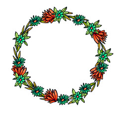 A wreath of flowers. Flowers drawn with markers.Place for text.