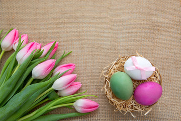 Tulips and easter Eggs in the nest on brown cloth Background.