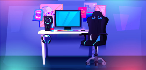 ESports interior banner. Workplace cyber sportsman gamer. A desk with a computer and headphones and a mouse with light and a gamers chair. Vector cartoon illustration  © annetdebar