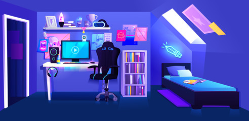 Gamer boy room on attic interior banner. Workplace cyber sportsman gamer. A desk with a computer and headphones and a mouse with light and a gamers chair. Vector cartoon illustration