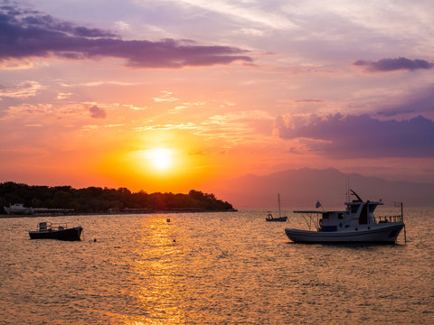 Wonderful sunset in Thasos island, Greece as seen from the shore at Prinos town