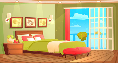 Bedroom interior with a bed, nightstand, wardrobe and window and plant. Vector cartoon illustration