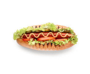 Tasty hot dog on white background