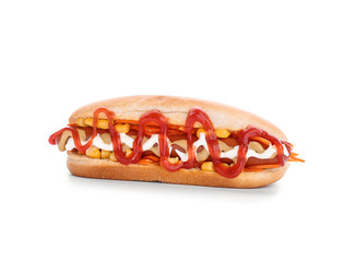 Tasty hot dog on white background