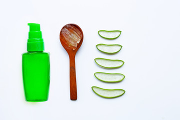 Bottle of products for spa or skin care cosmetic aloe vera gel on white background.