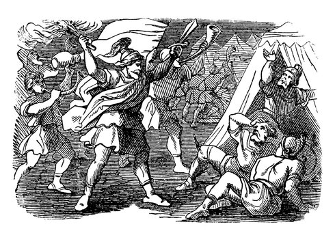 Vintage Drawing of Biblical Story of Israelites Under the Lead of Gideon Are Attacking Camp of Midianites.