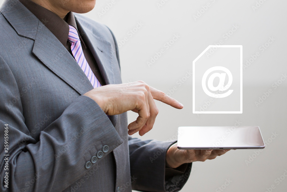 Poster business file mail. businessman pressing button file mail icon document on tablet.