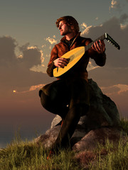 Fototapeta A bard plays his lute while sitting on a rocky point next to the ocean as the sun sets over the water. The medieval musician makes music for the sunset. 3D Rendering obraz