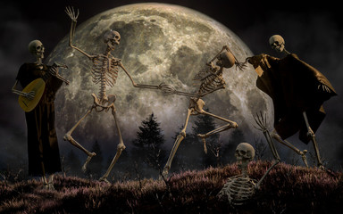 In this horror scene, three skeletons dance in the moonlight while a forth plays the lute.  Meanwhile, another skeleton emerges from the ground to join the party. 3D Rendering