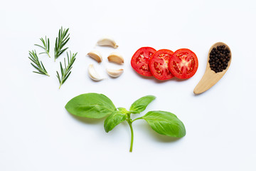 Various fresh vegetables and herbs on white background. Healthy eating concept